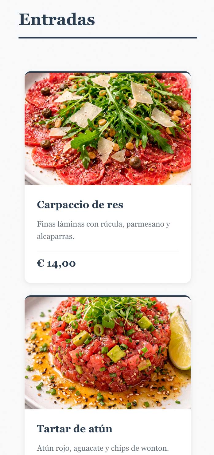 Vista previa plantilla menú QR Gourmet
