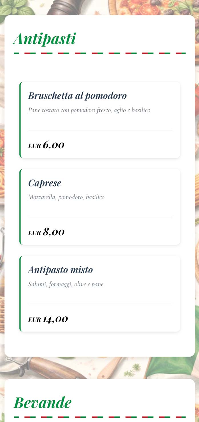 Vista previa plantilla menú QR Italian Food