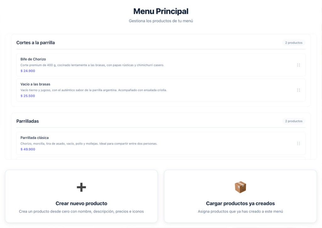 App Menu QR dashboard for adding products to a menu, grouped into sections with name, description, and price.