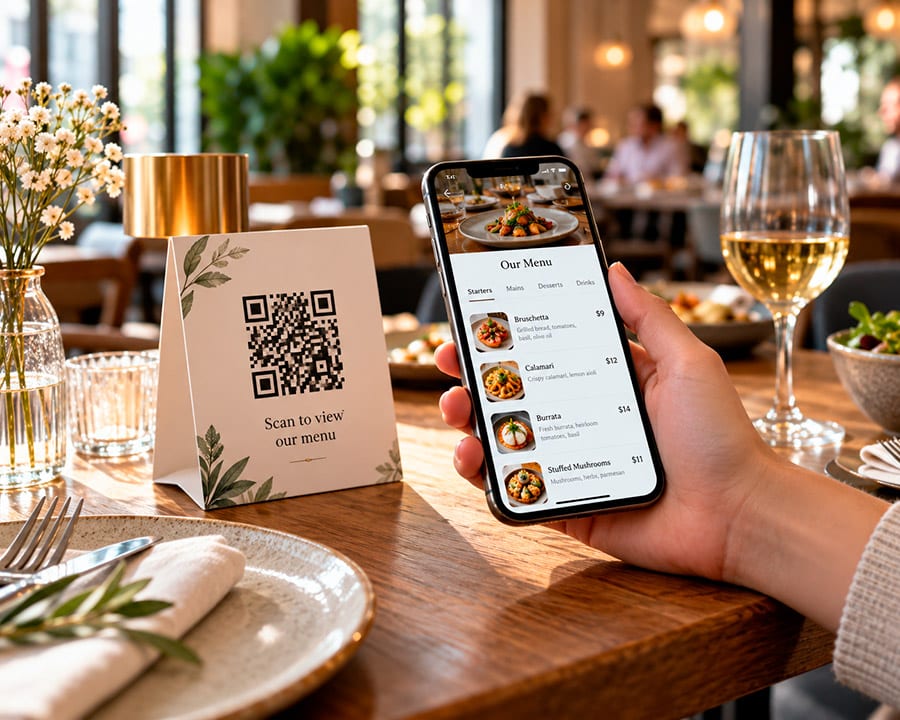 Cliente escaneando un código QR de mesa y consultando la carta digital en el teléfono