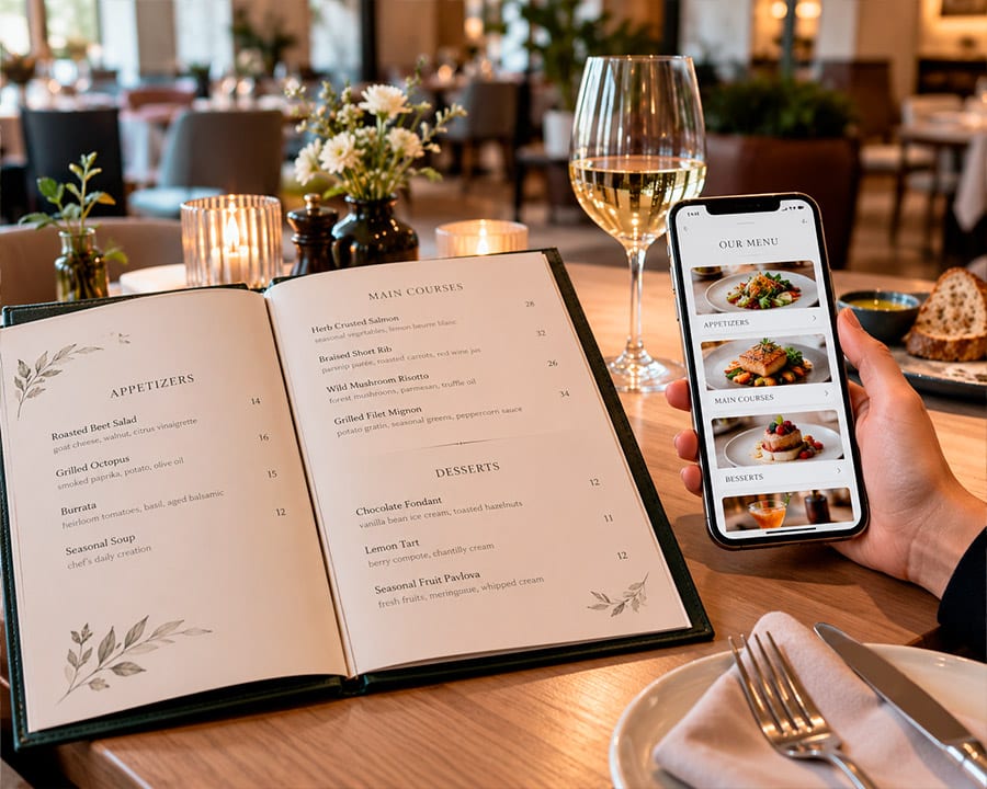 Carta impresa de un restaurante junto a un teléfono con la misma oferta en formato digital