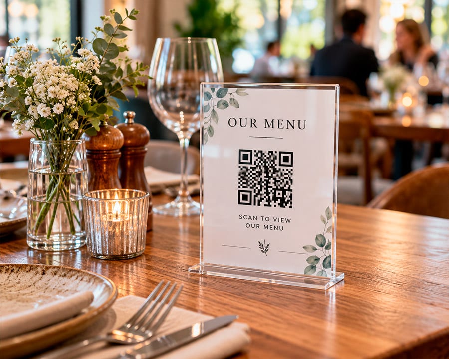 Soporte acrílico de mesa con el código QR de la carta de un restaurante
