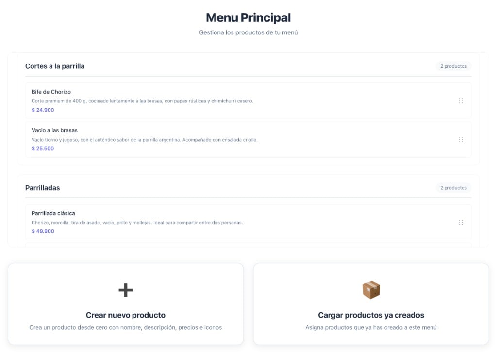 App Menu QR menu editor with products organized by sections such as grilled cuts and platters