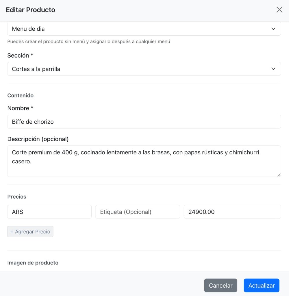 Edit product panel in App Menu QR to change name, description, and price without redesigning a PDF