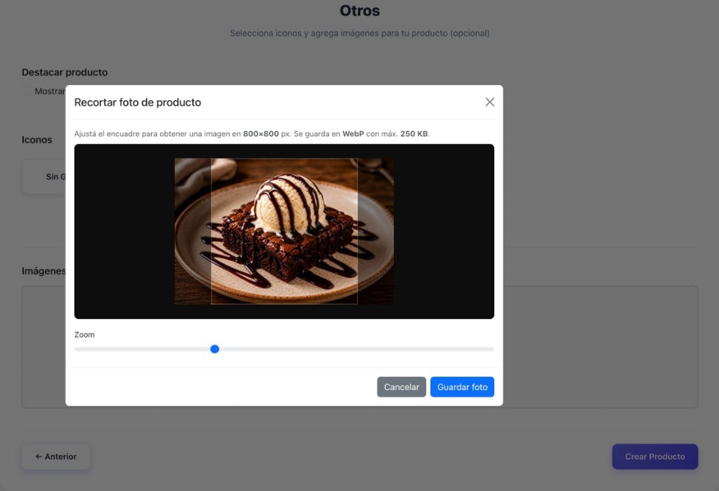 Crop product photo tool in App Menu QR, saving images as WebP for the digital menu