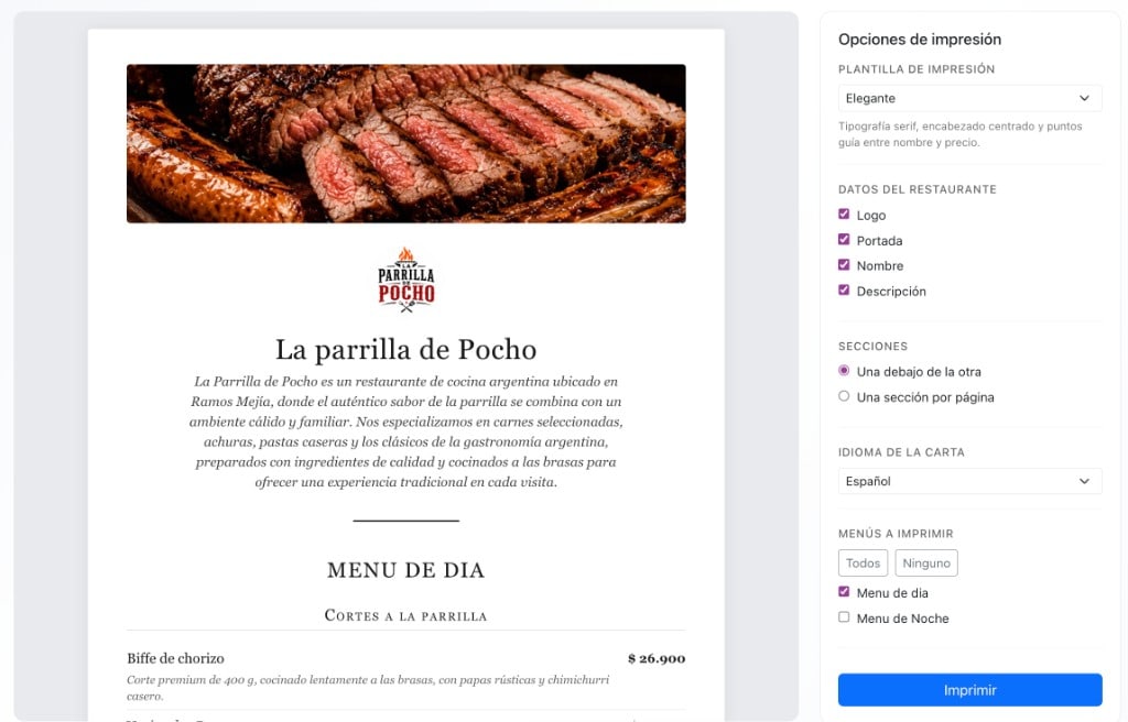 App Menu QR print options with a live preview of the paper menu for La parrilla de Pocho