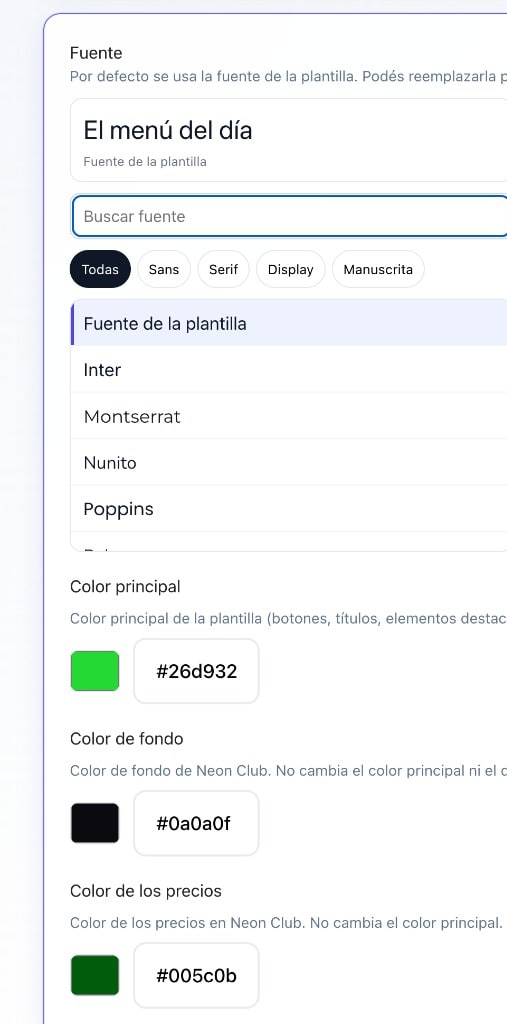 AppMenuQR template settings panel with Google Fonts picker and main, background, and price color controls.