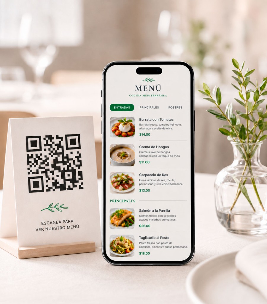 Table tent with a QR code next to a phone showing a digital restaurant menu with sections and dish photos.