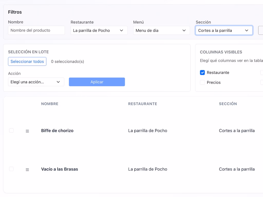 Filtros y listado de productos en el panel de administración