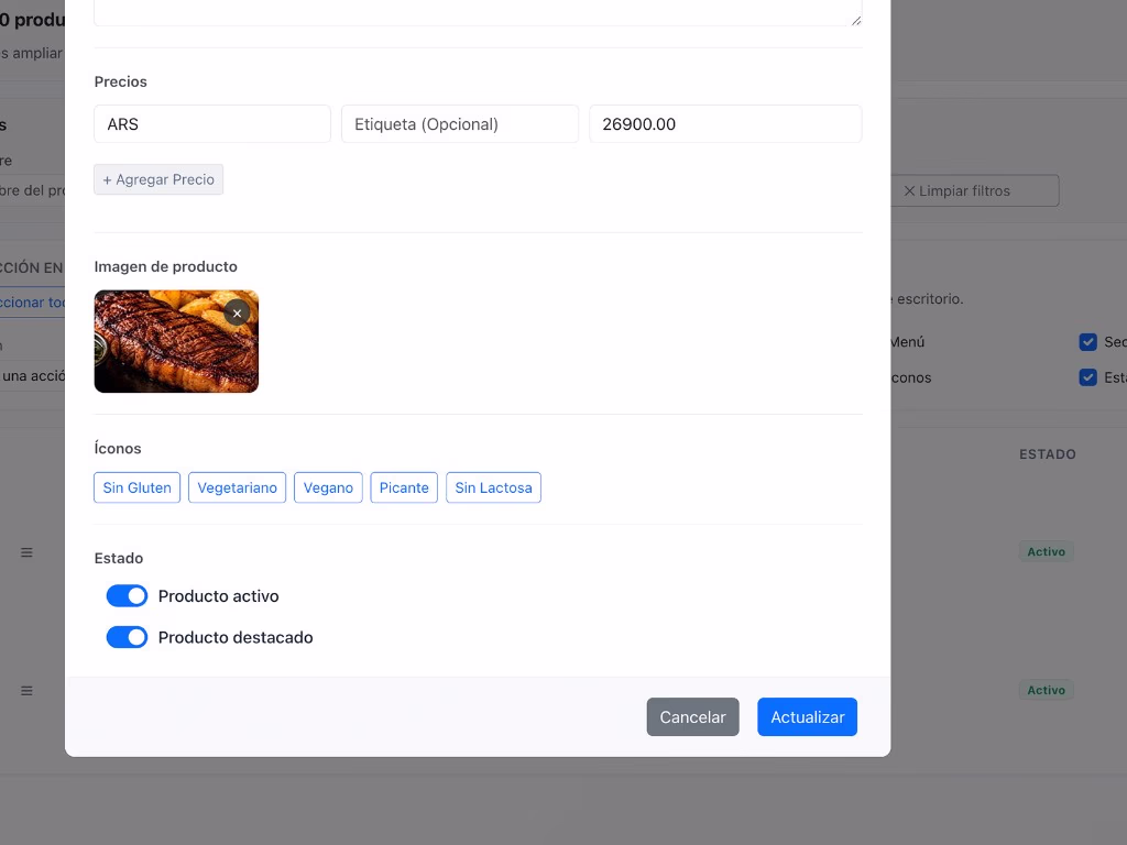 Edición de producto con precios, iconos y estado activo o destacado