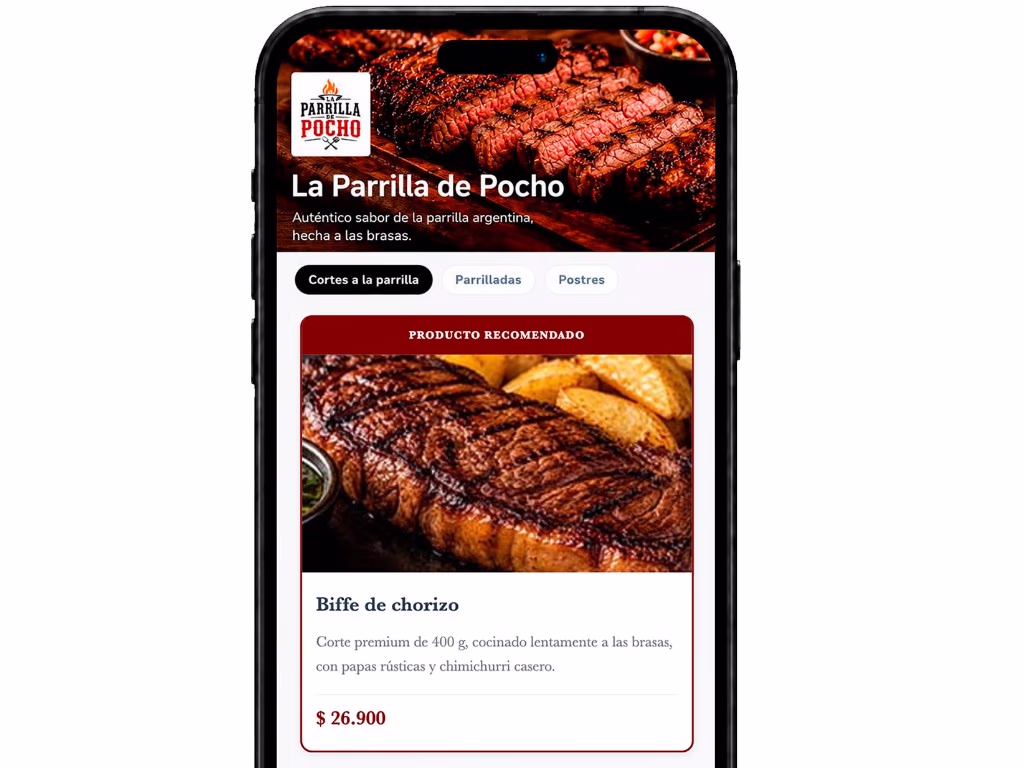 Menú digital en el móvil mostrando un producto recomendado actualizado