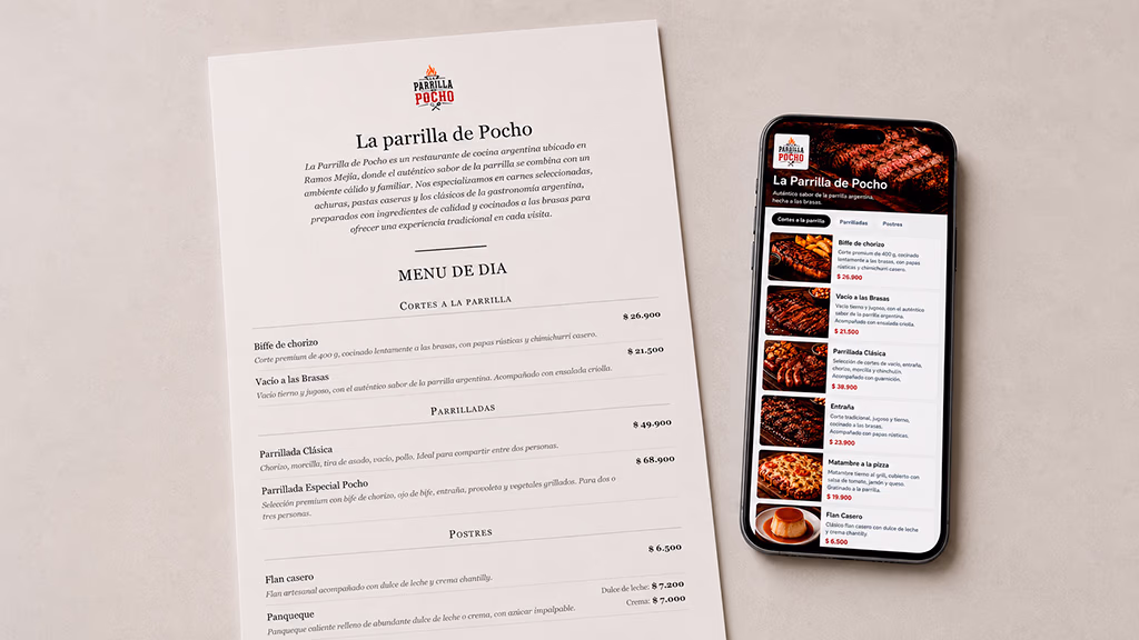Carta impresa de La Parrilla de Pocho junto al mismo menú en el móvil