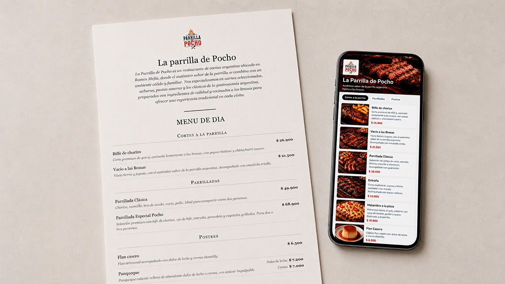 Carta digital en el teléfono junto a una versión impresa generada desde App Menu QR