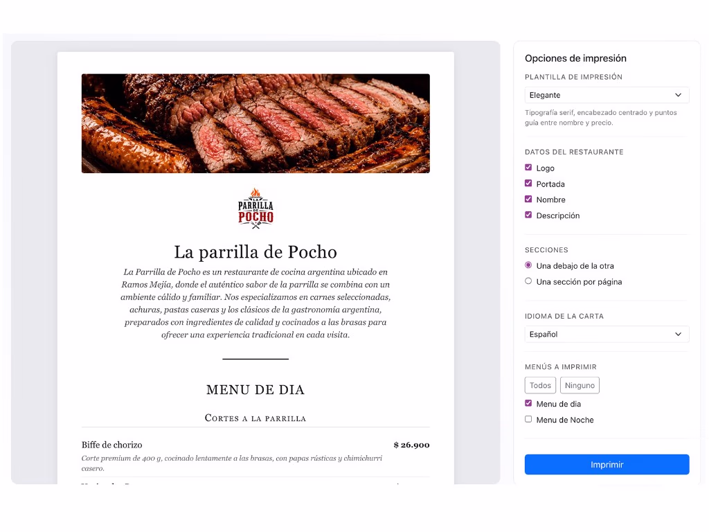 Panel de impresión con vista previa de la carta, plantilla Elegante y opciones de secciones