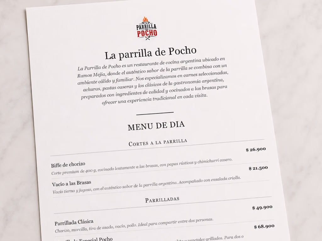 Carta impresa de La Parrilla de Pocho lista para usar en el restaurante