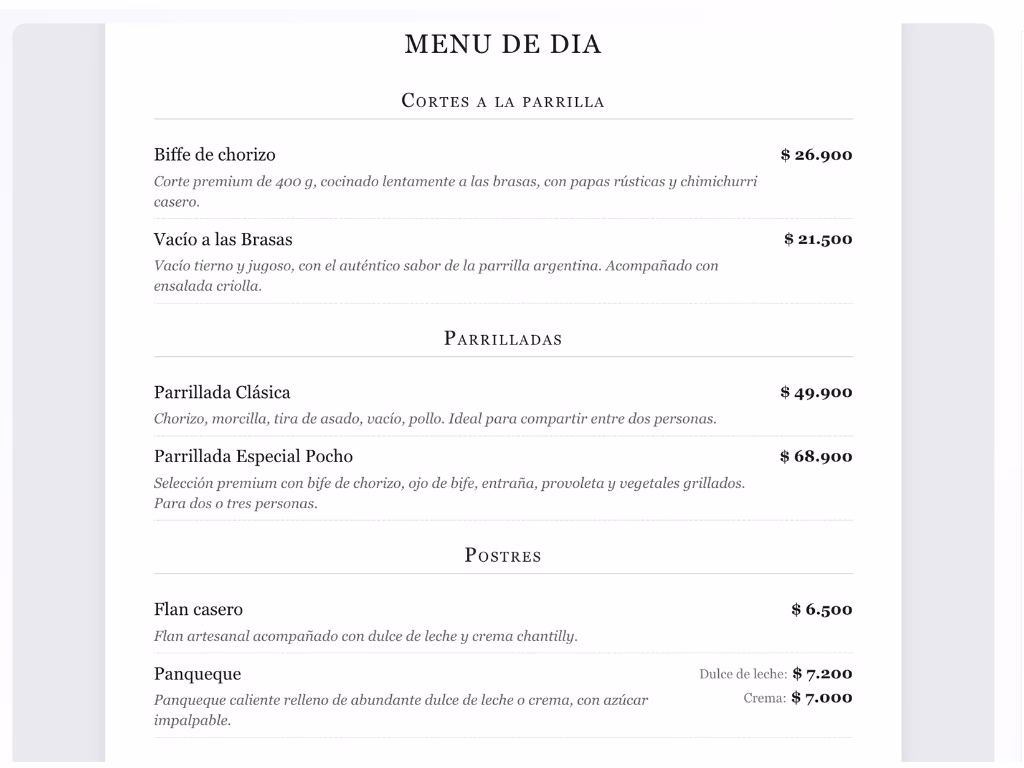 Vista previa de la carta con categorías, productos, descripciones y precios