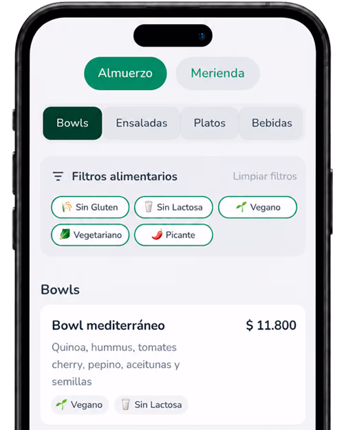 Menú digital en el móvil con filtros alimentarios y etiquetas Vegano y Sin Lactosa