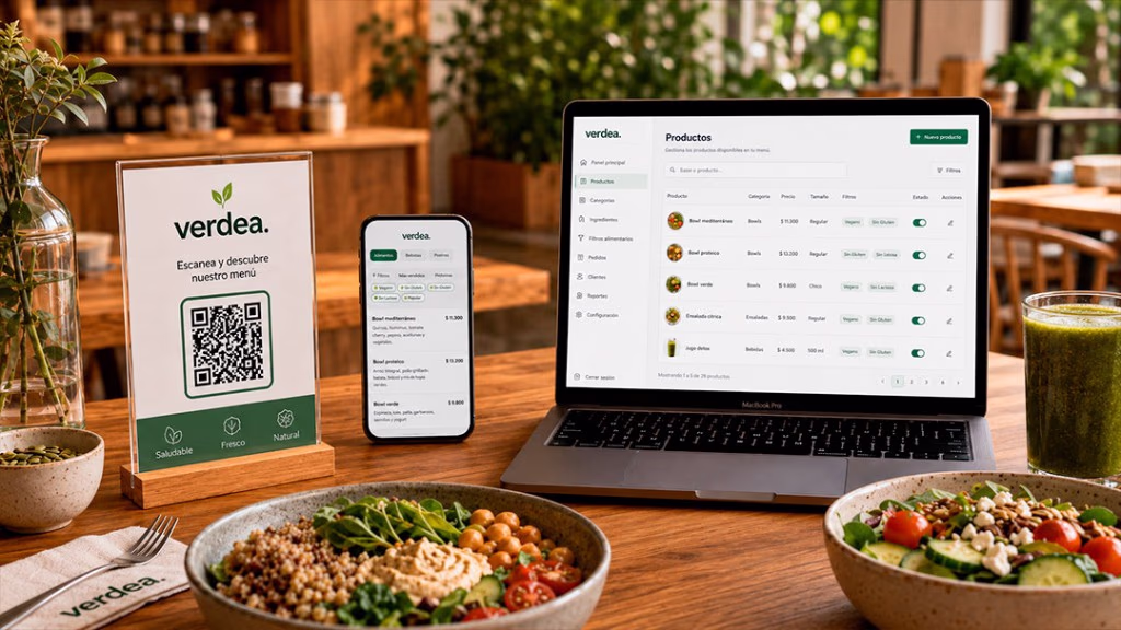 QR en mesa, menú con filtros alimentarios en el teléfono y panel de productos con alérgenos