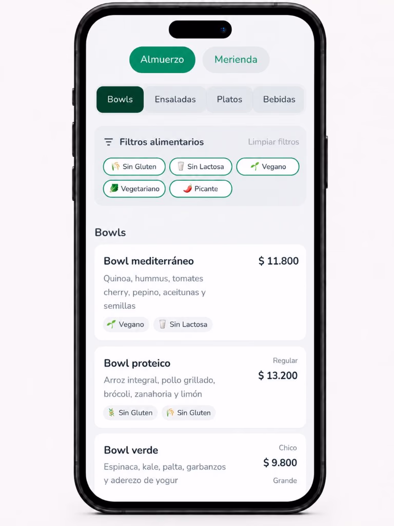 Menú digital en el móvil con filtros alimentarios y etiquetas visibles en los productos