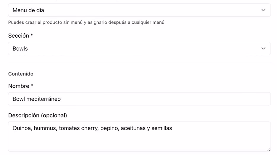 Edición de menú, sección, nombre y descripción del Bowl mediterráneo
