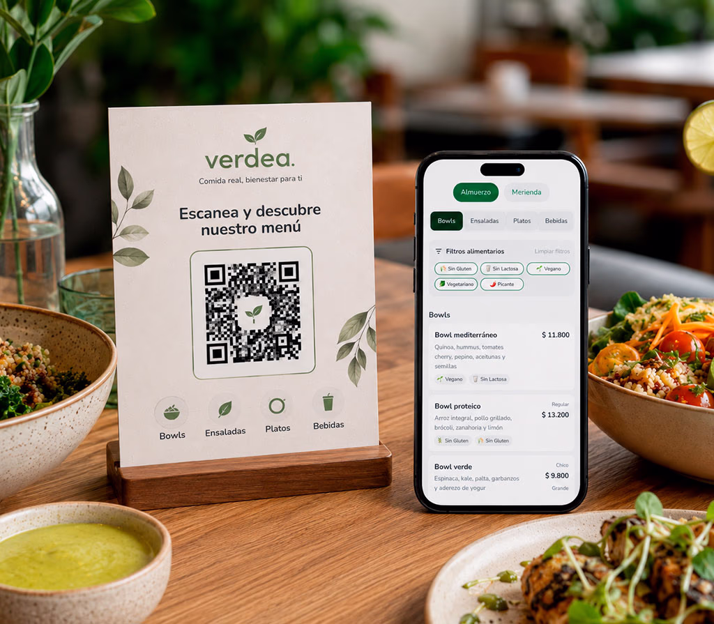 Soporte QR Verdea y teléfono con carta digital y filtros alimentarios