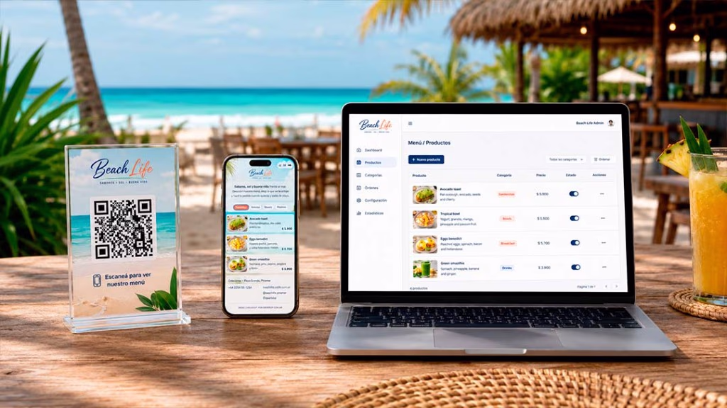 Carta digital multidioma Beach Life: soporte QR, menú en el móvil y panel de administración en la playa