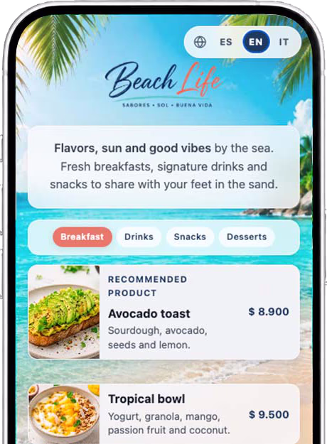 Menú Beach Life en el móvil con selector de idiomas ES, EN e IT