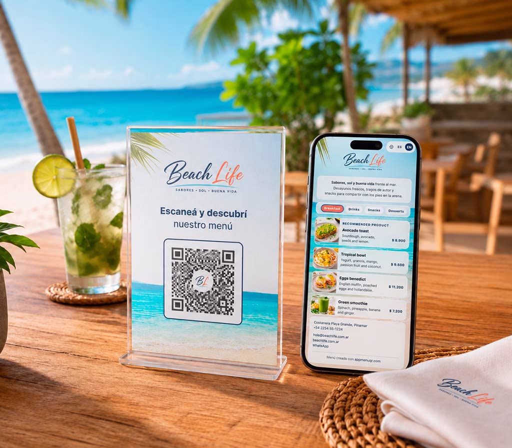 Soporte QR de mesa Beach Life junto a un móvil con el menú digital en inglés y selector de idioma ES/EN