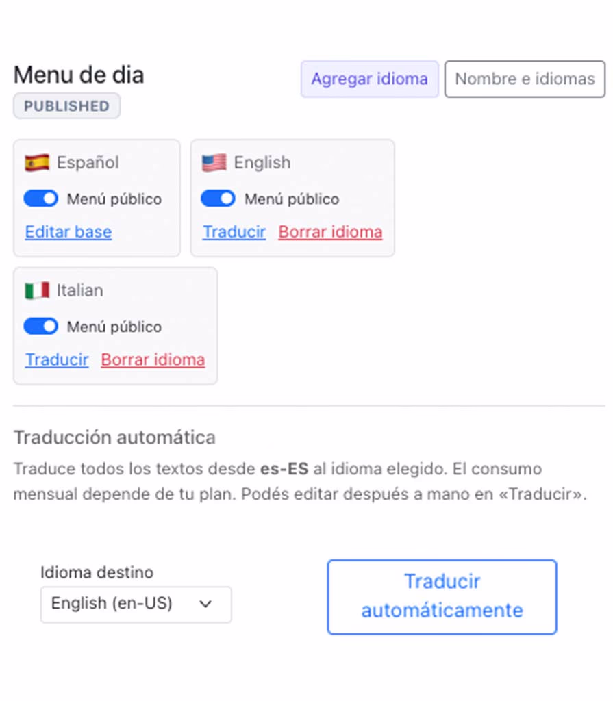 Panel de traducciones con idiomas Español, English e Italiano y traducción automática