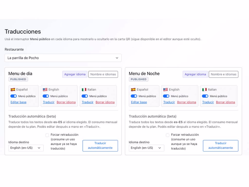Panel de traducciones con idiomas Español, English e Italiano y traducción automática