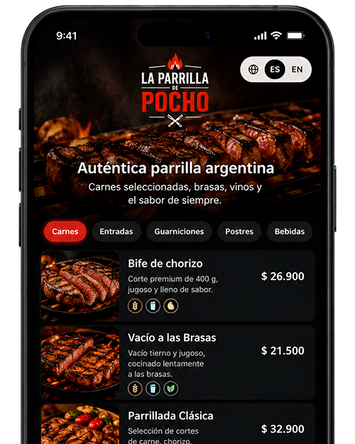 Carta digital organizada por categorías en un teléfono móvil
