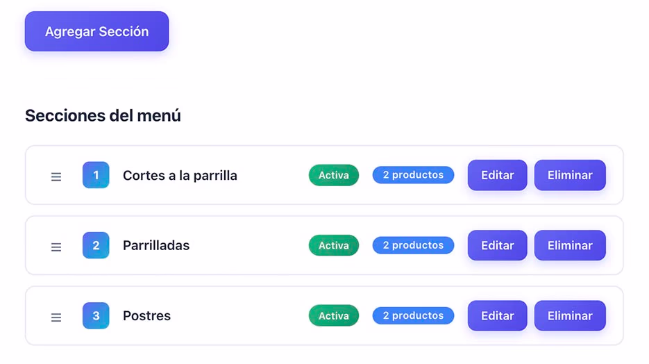 Listado de secciones del menú con estado activo, productos y acciones de editar o eliminar