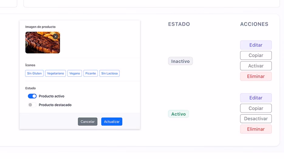 Producto desactivado temporalmente en el panel de gestión