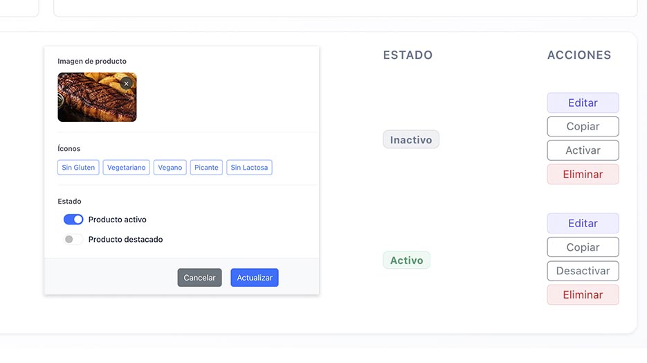 Producto oculto en la carta digital al desactivarlo desde el panel de gestión