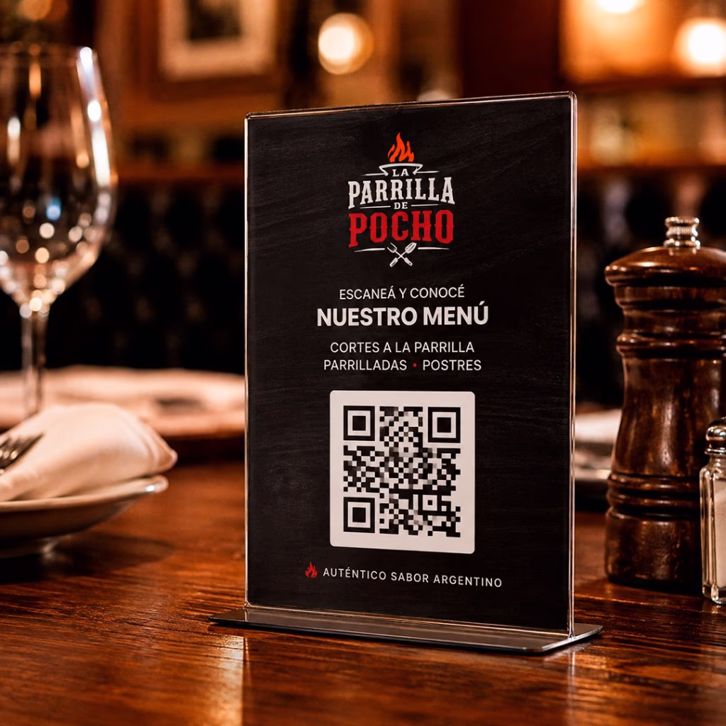 Soporte de mesa con código QR de La Parrilla de Pocho sobre una mesa de restaurante