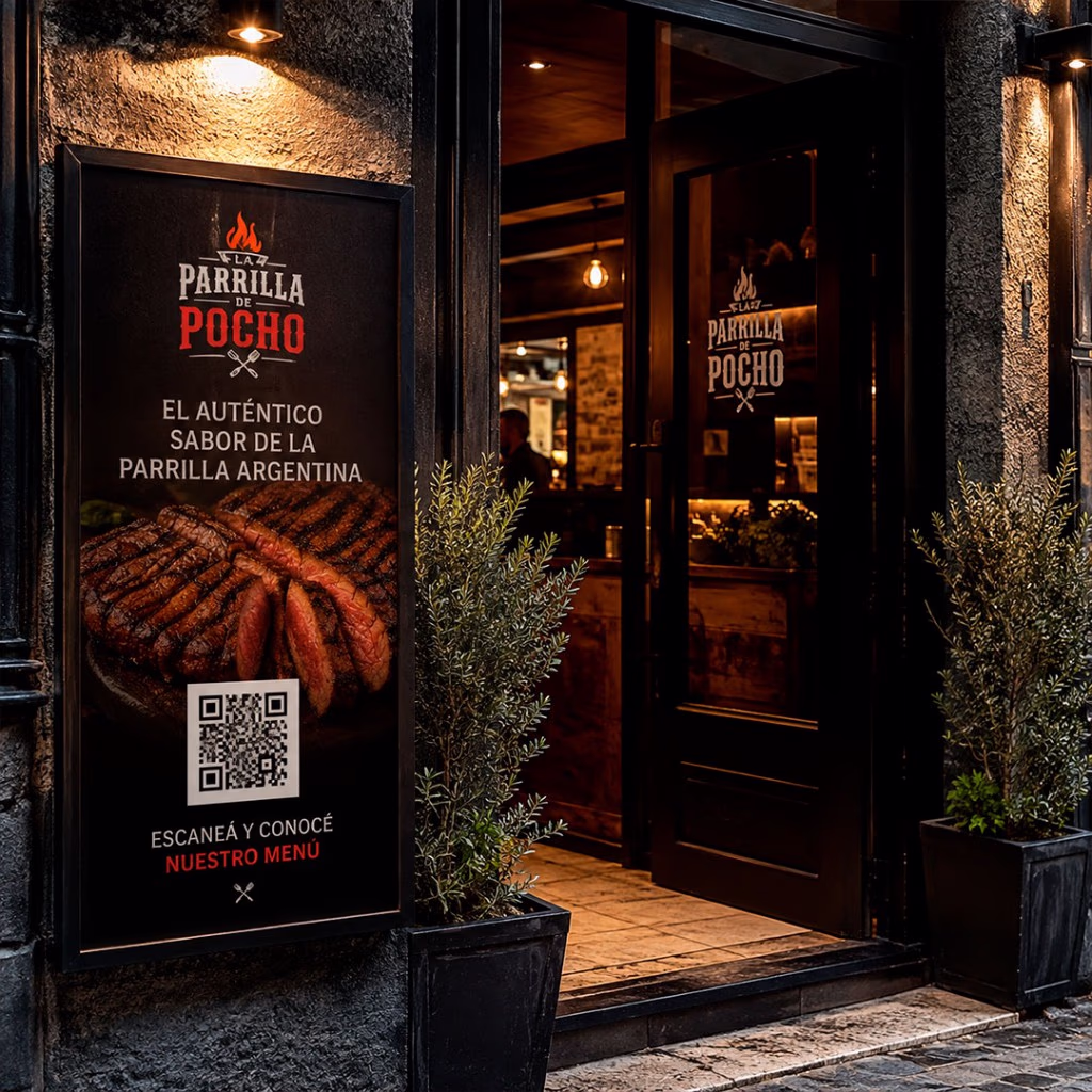 Cartelería en la entrada del restaurante con código QR para escanear el menú
