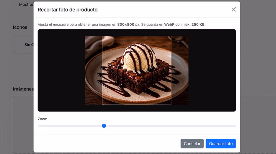Modal para recortar y guardar la foto de un producto en formato WebP