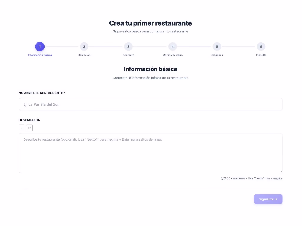 Asistente para crear un restaurante: información básica con nombre y descripción