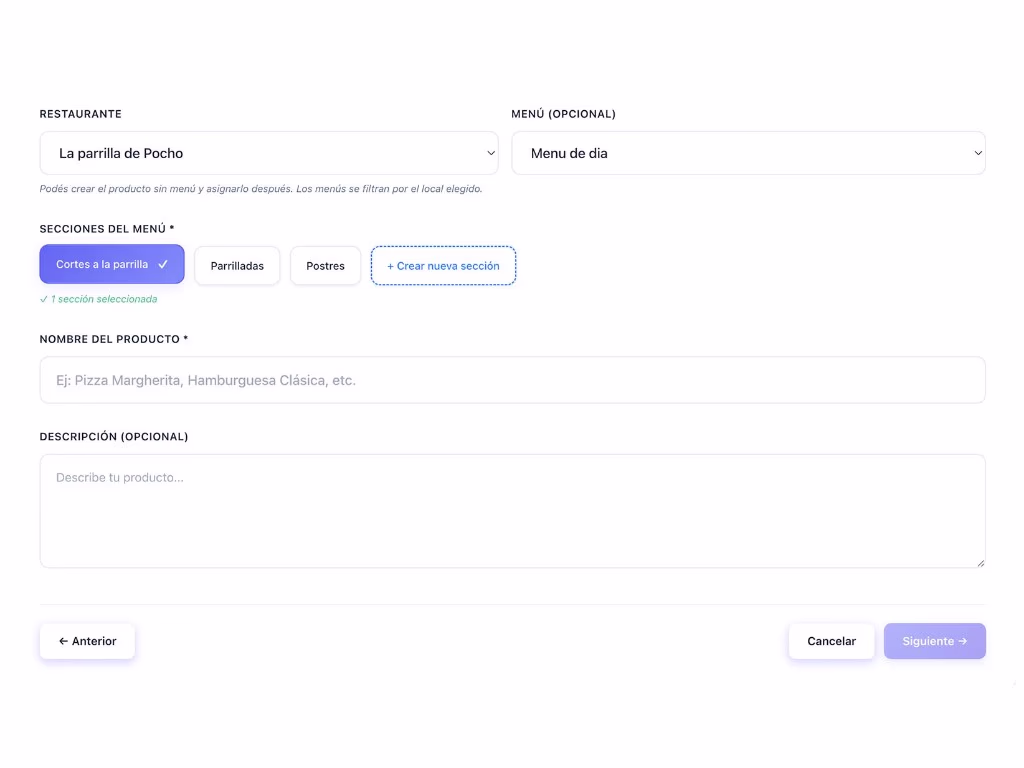 Formulario para crear o editar productos del menú