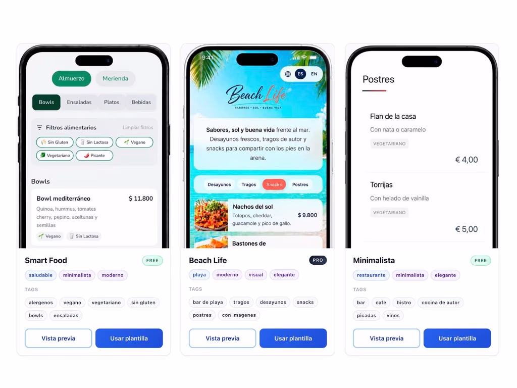 Catálogo de plantillas de menú QR con vista previa en teléfono: Smart Food, Beach Life y Minimalista