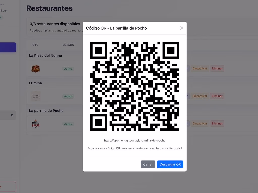 Modal con el código QR del restaurante y botón para descargarlo