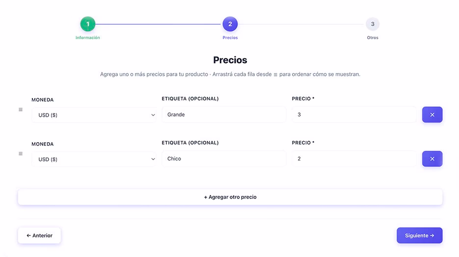 Edición de precios en el panel para generar una nueva carta impresa
