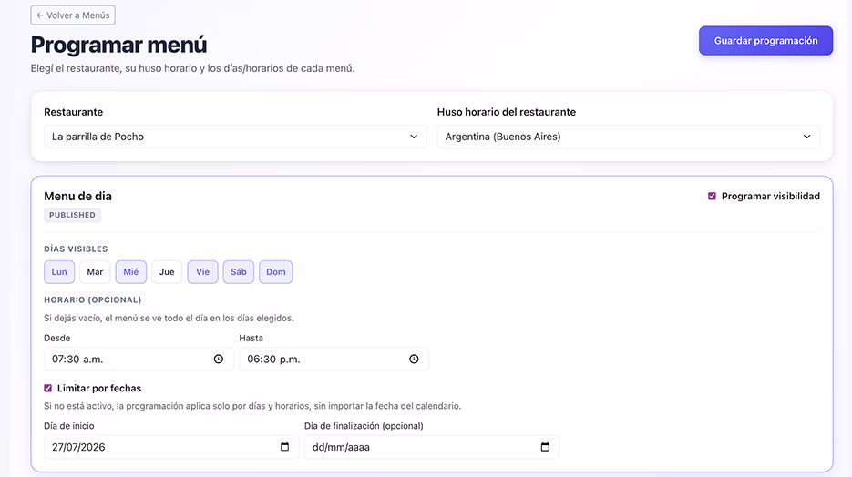 Panel para programar la disponibilidad de un menú por días y horarios