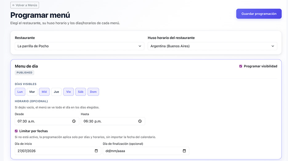 Panel para programar menús por días y horarios en App Menu QR