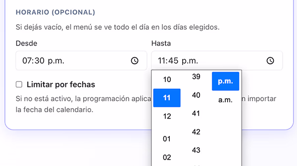 Campos de horario Desde y Hasta para la disponibilidad del menú
