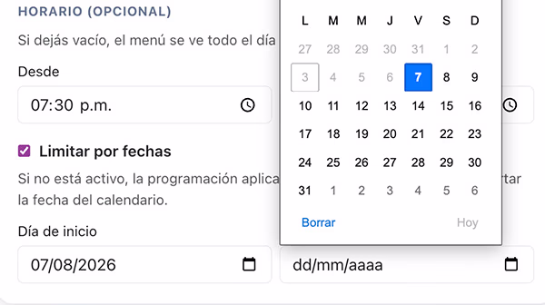 Opción para limitar la programación por fechas con calendario