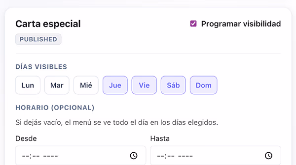 Carta especial con programación de visibilidad y días de la semana seleccionados
