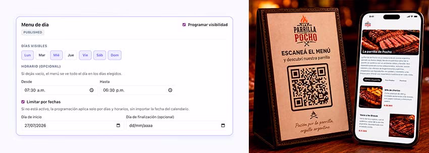 Panel de programación de menú con días y horarios junto a QR y carta digital en el móvil