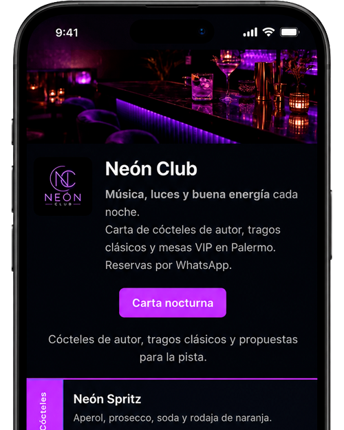 Vista previa plantilla menú QR Neon Club